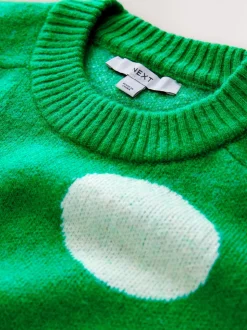 Bright Green Spot Crew Neck Knitted Jumper with Wool