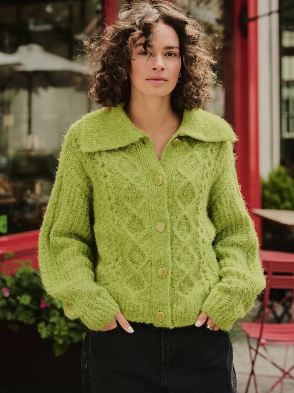 Bright Green Wool Blend Cable Knit Collar Cardigan