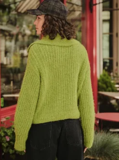 Bright Green Wool Blend Cable Knit Collar Cardigan