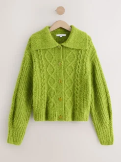 Bright Green Wool Blend Cable Knit Collar Cardigan