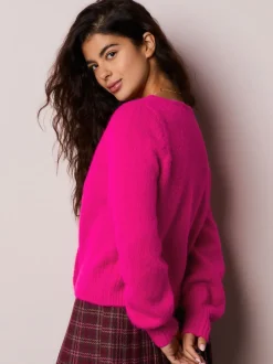 Bright Pink Heart Button Cardigan With Wool