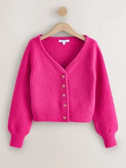 Bright Pink Heart Button Cardigan With Wool