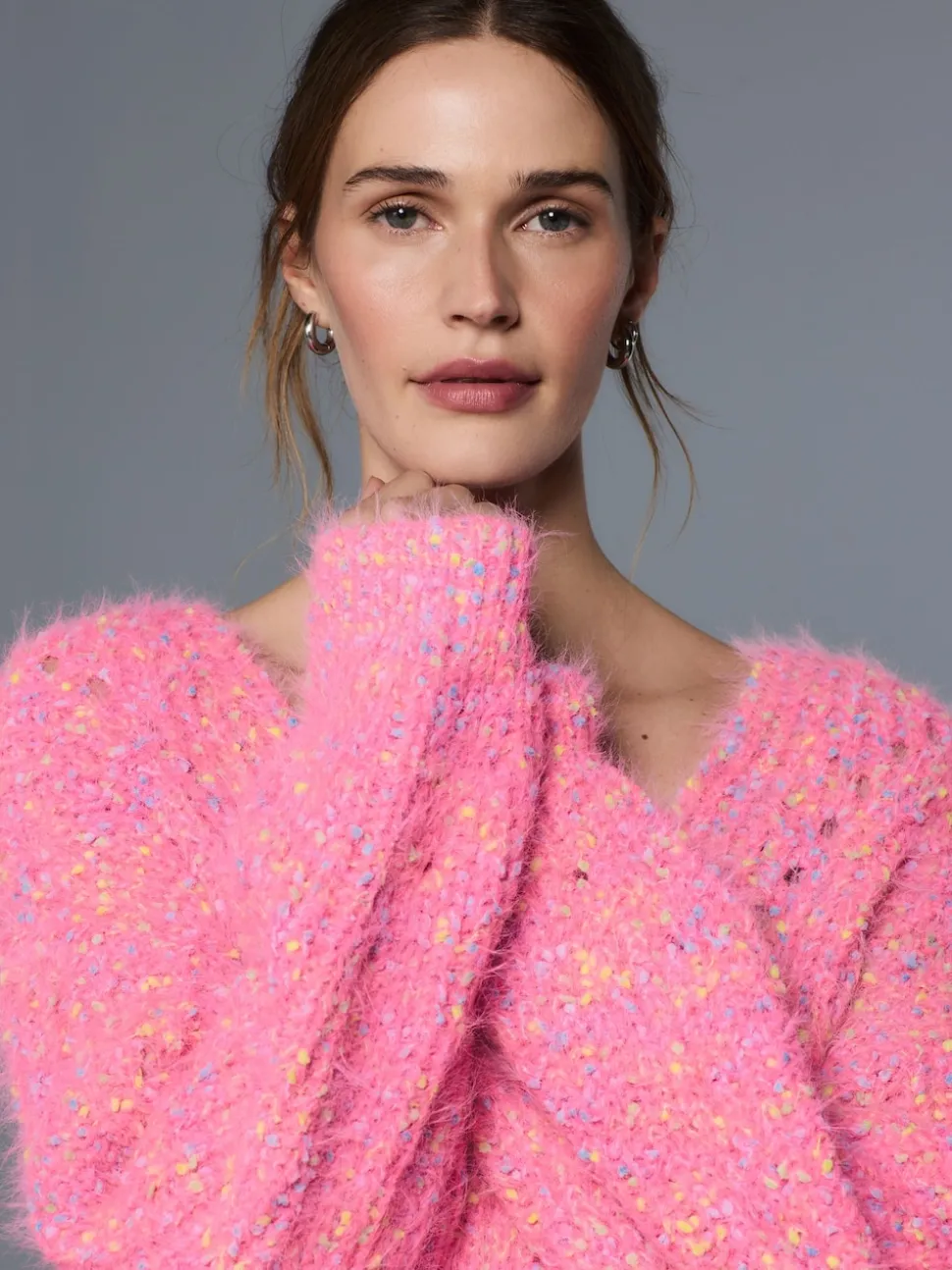 Bright Pink Neppy Fuzzy Texture V-Neck Knitted Jumper