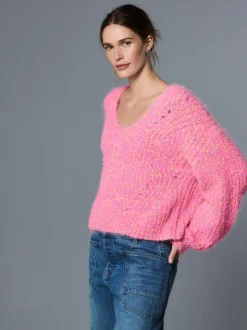 Bright Pink Neppy Fuzzy Texture V-Neck Knitted Jumper