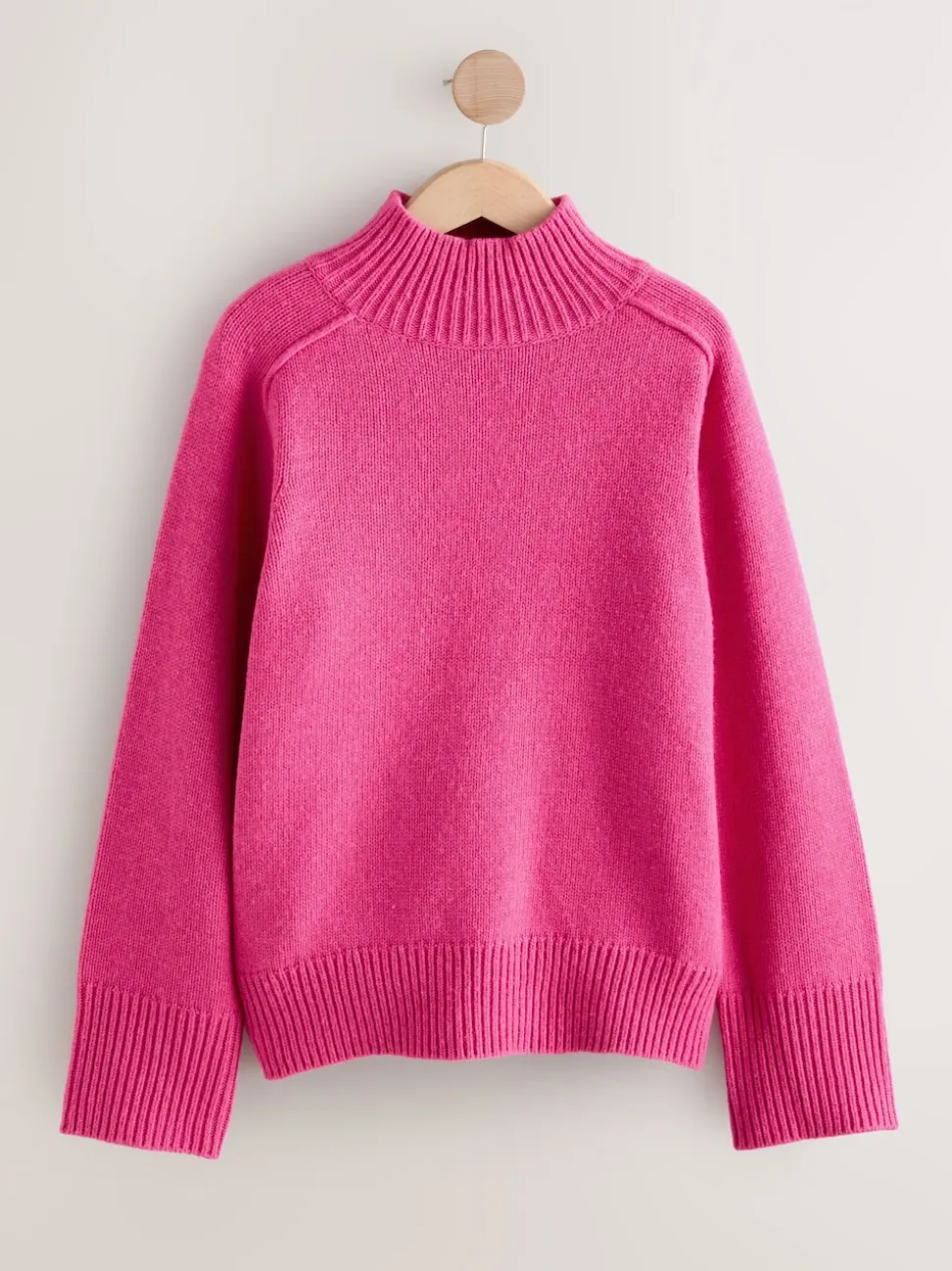 Bright Pink Stand Neck Chunky Knit Jumper With Wool