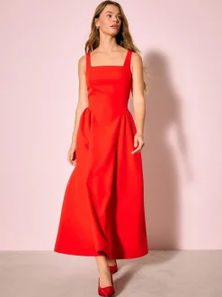 Bright Red Occasion Cinched Waist Maxi Dress