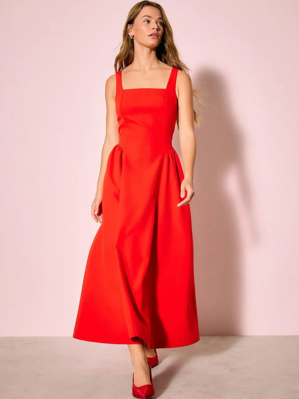 Bright Red Occasion Cinched Waist Maxi Dress