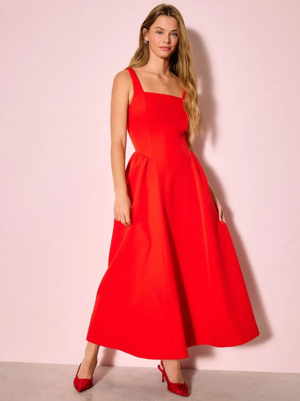 Bright Red Occasion Cinched Waist Maxi Dress