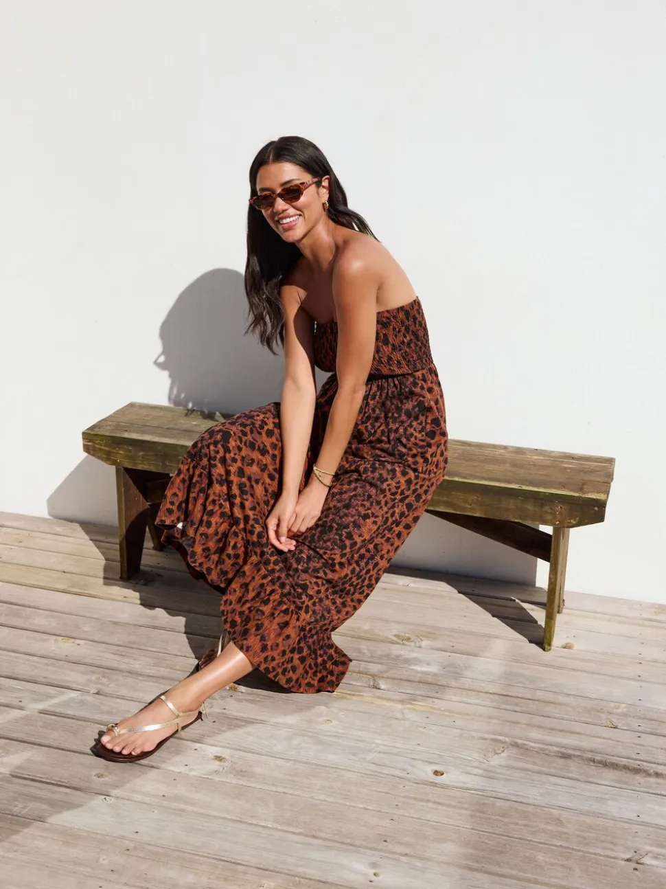 Brown Animal Print Bandeau Frill Summer Midi Dress