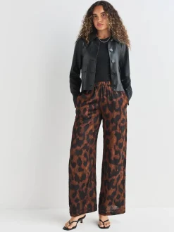 Brown Animal Print Satin Crinkle Wide Leg Trousers