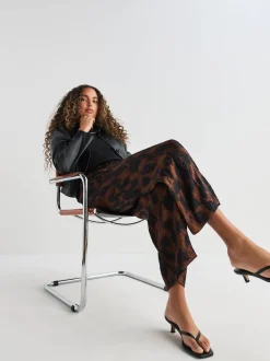 Brown Animal Print Satin Crinkle Wide Leg Trousers