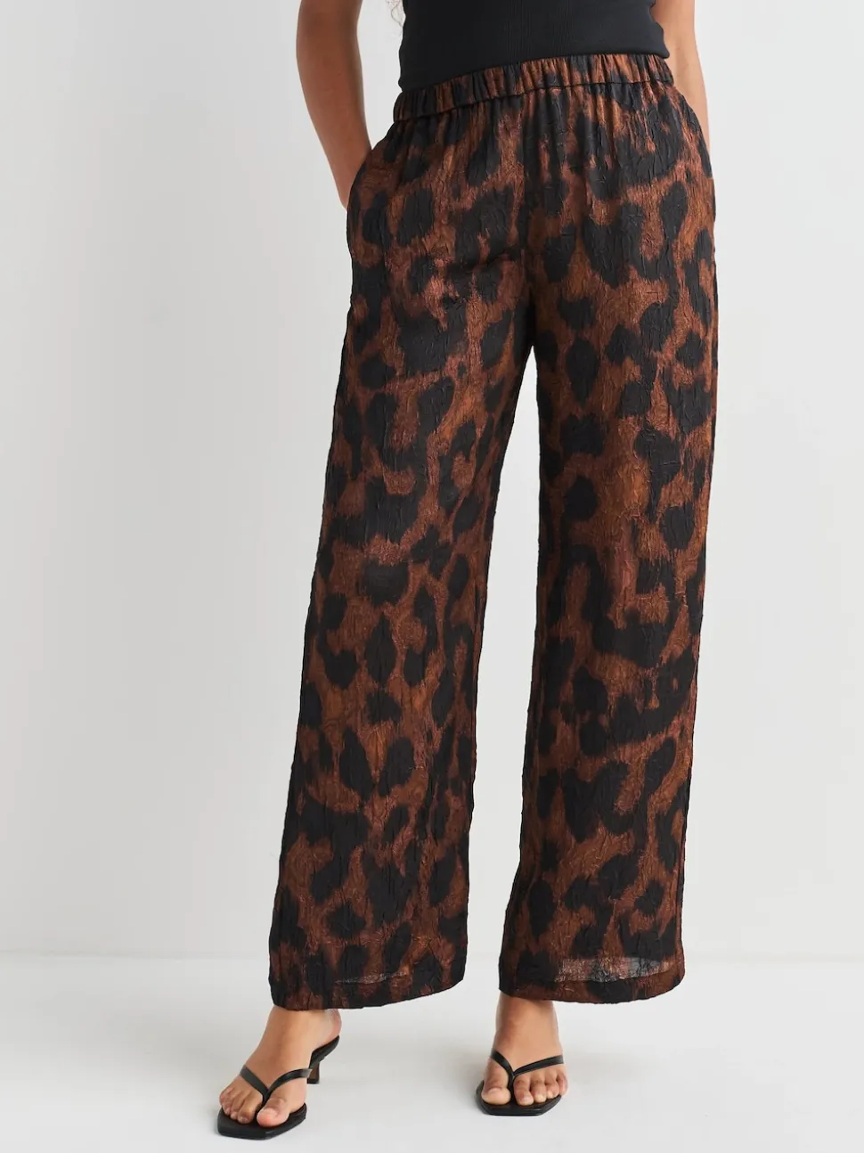 Brown Animal Print Satin Crinkle Wide Leg Trousers