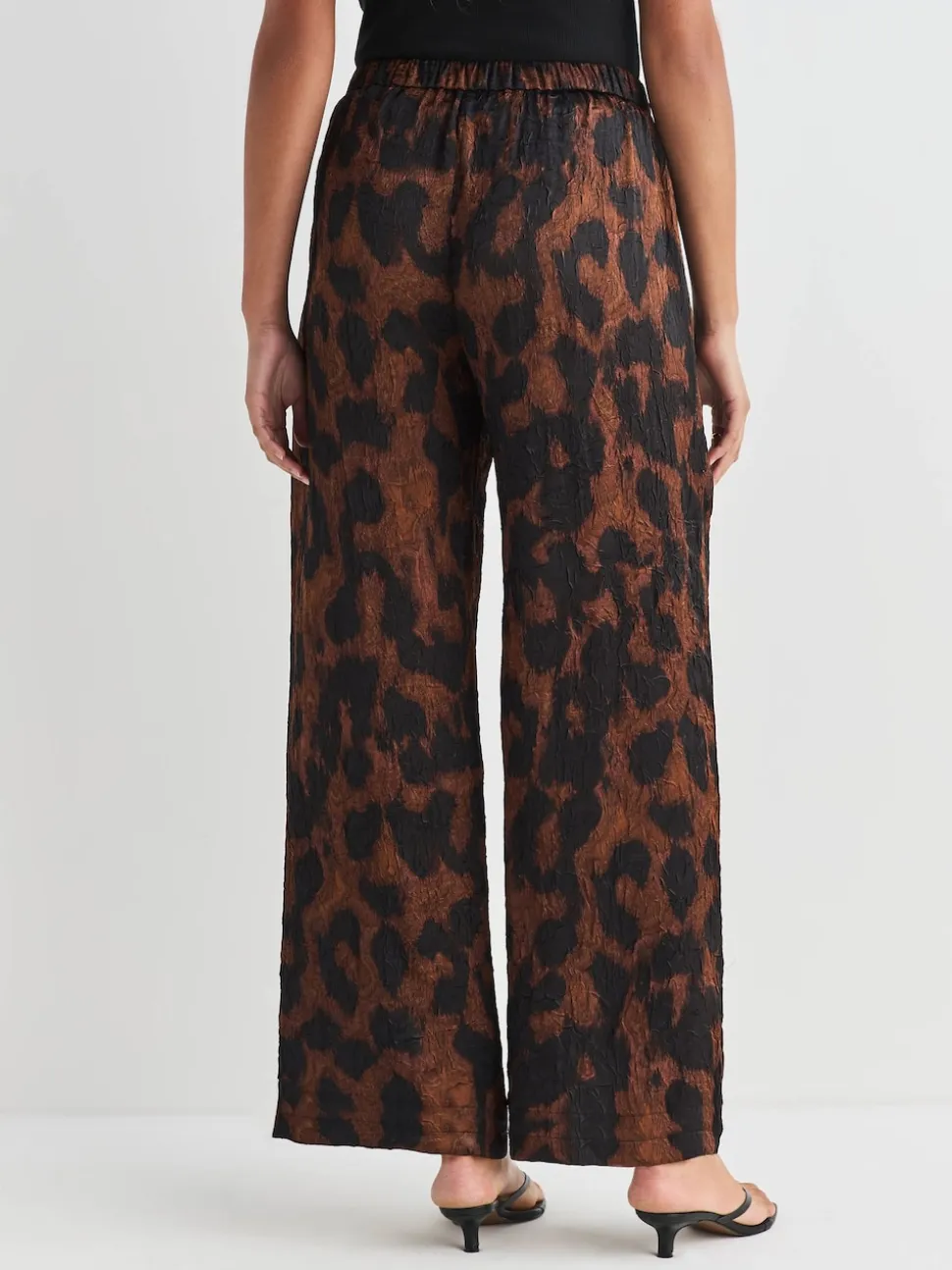 Brown Animal Print Satin Crinkle Wide Leg Trousers