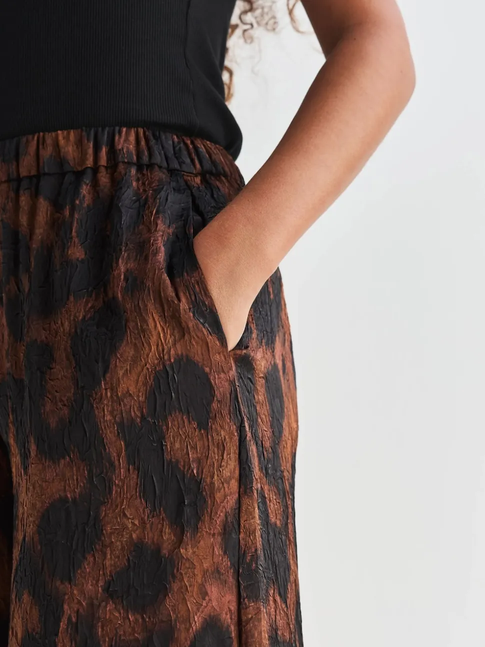 Brown Animal Print Satin Crinkle Wide Leg Trousers