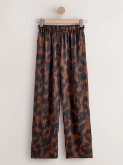 Brown Animal Print Satin Crinkle Wide Leg Trousers