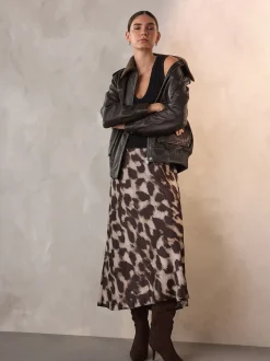 Brown Animal Print Satin Midi Skirt