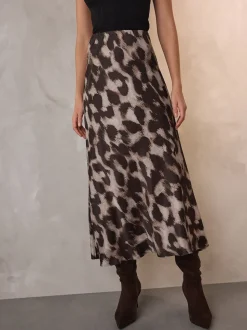 Brown Animal Print Satin Midi Skirt