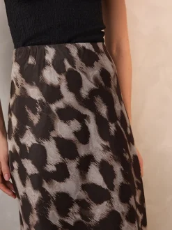 Brown Animal Print Satin Midi Skirt