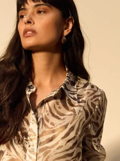 Brown Animal Print Sheer Long Sleeve Shirt
