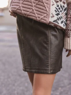 Brown Distressed Faux Leather Mini Skirt