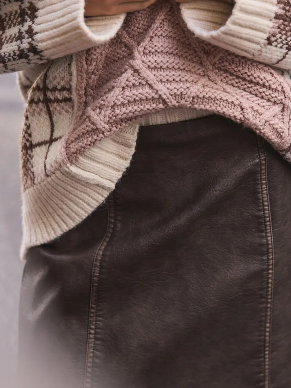 Brown Distressed Faux Leather Mini Skirt