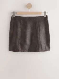 Brown Distressed Faux Leather Mini Skirt