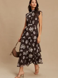 Brown Floral Printed High Neck Tiered Occasion Maxi Dress