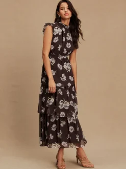 Brown Floral Printed High Neck Tiered Occasion Maxi Dress