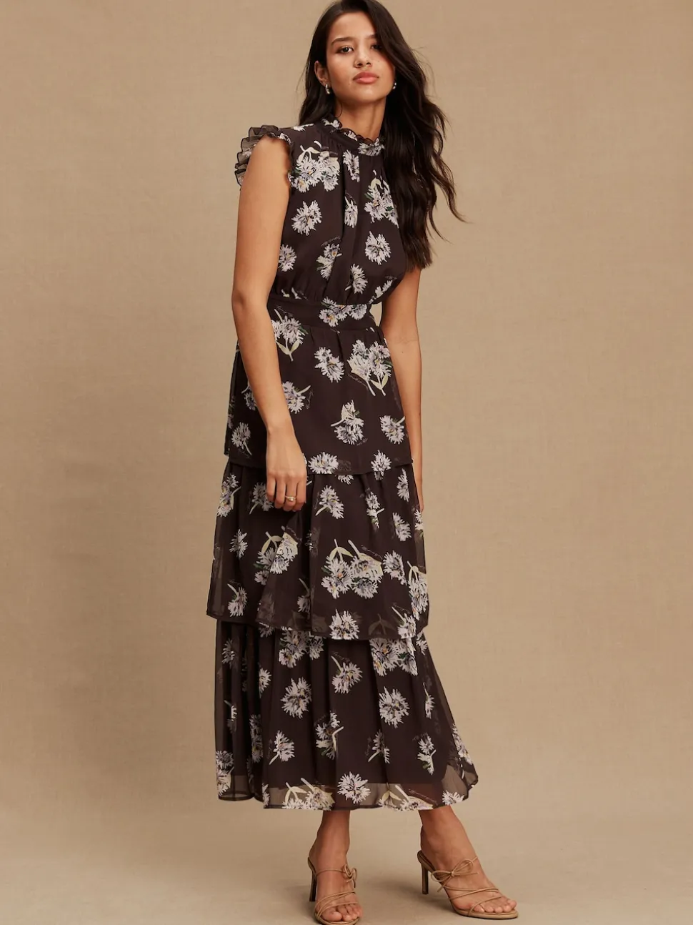 Brown Floral Printed High Neck Tiered Occasion Maxi Dress