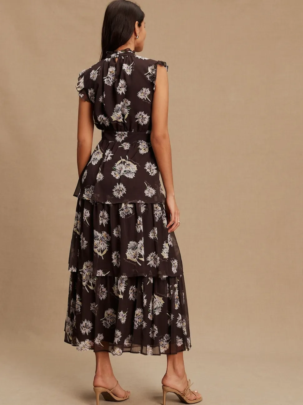 Brown Floral Printed High Neck Tiered Occasion Maxi Dress