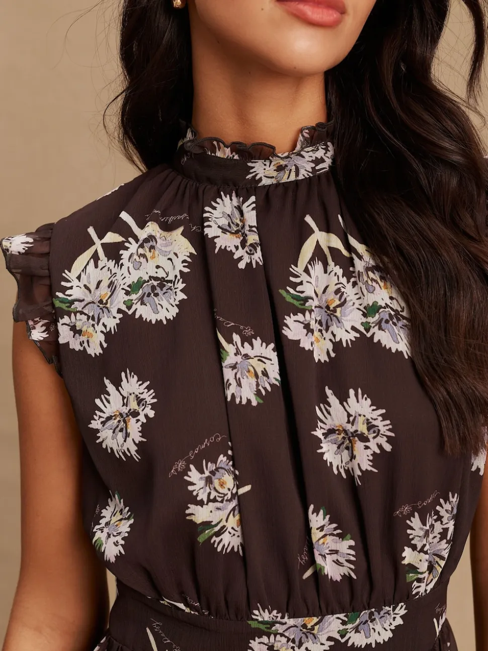 Brown Floral Printed High Neck Tiered Occasion Maxi Dress