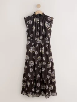 Brown Floral Printed High Neck Tiered Occasion Maxi Dress