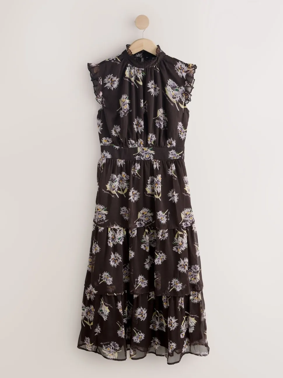 Brown Floral Printed High Neck Tiered Occasion Maxi Dress