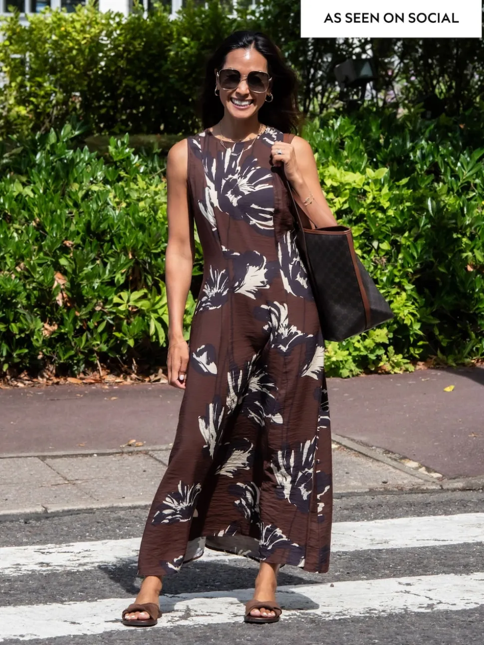 Brown Floral Sleeveless Column A-Line Maxi Dress