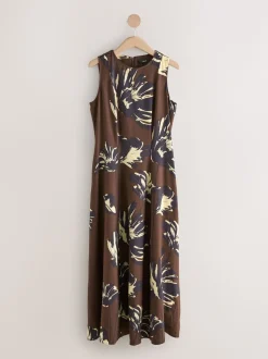 Brown Floral Sleeveless Column A-Line Maxi Dress
