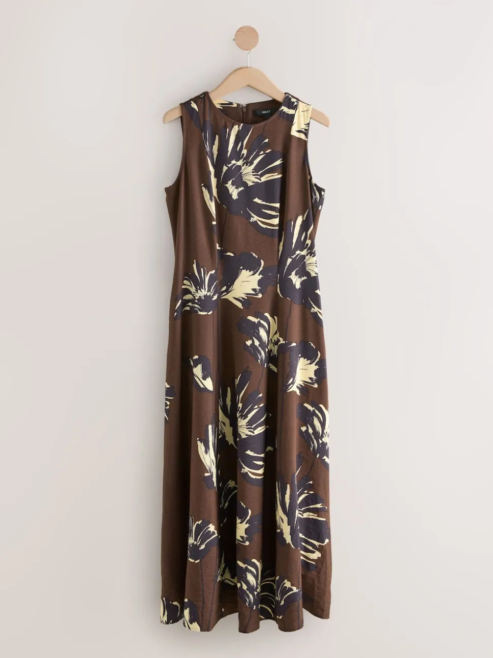 Brown Floral Sleeveless Column A-Line Maxi Dress