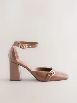 Brown Forever Comfort® Buckle Closed Toe Block Heels