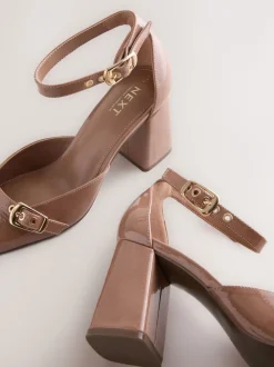 Brown Forever Comfort® Buckle Closed Toe Block Heels