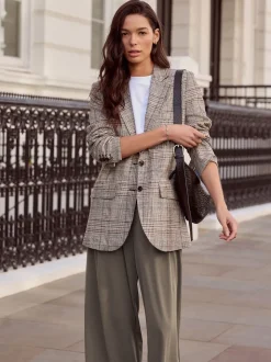 Brown N.Premium Check Linen Rich Single Breasted Blazer