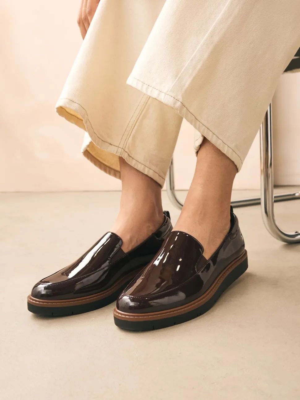 Brown Patent Standard/Wide Fit Forever Comfort® Slip On Clean Chunky Sole Loafers