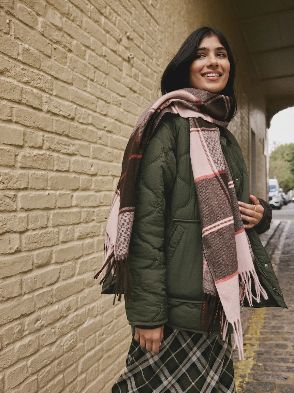 Brown Textured Check Midweight Scarf