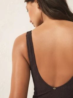 Brown Textured Scoop Neck Tummy Control Swimsuit