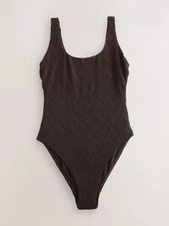 Brown Textured Scoop Neck Tummy Control Swimsuit