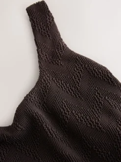 Brown Textured Scoop Neck Tummy Control Swimsuit
