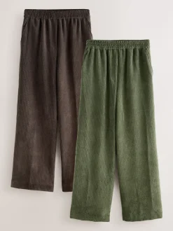 Brown/Khaki Wide Leg Soft Cord Trousers 2 Pack