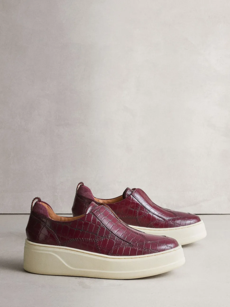 Burgundy Croc Effect Signature Leather Chunky Wedge Platform Trainers