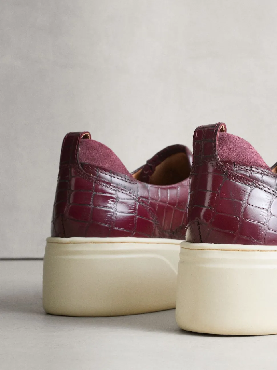 Burgundy Croc Effect Signature Leather Chunky Wedge Platform Trainers