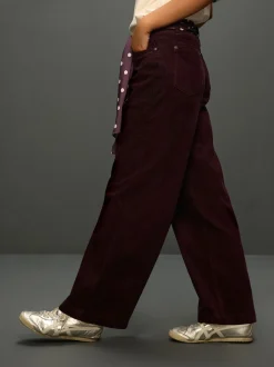 Burgundy Red Cord Wide Leg Trousers With Scarf