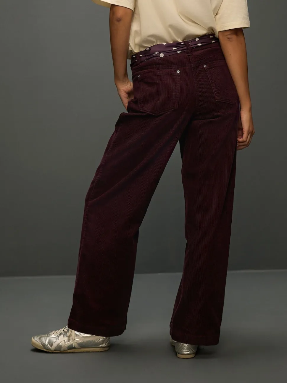 Burgundy Red Cord Wide Leg Trousers With Scarf