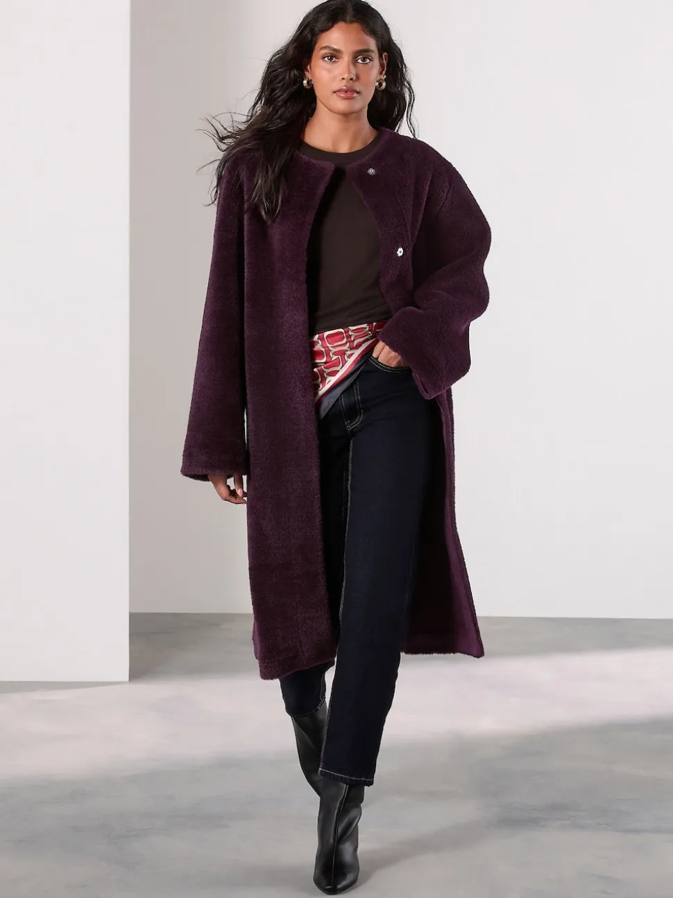 Burgundy Red Faux Fur Collarless Coat
